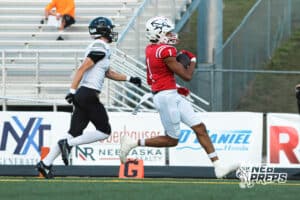 Amarion Jackson walks into the endzone during the Millard South football game vs Lincoln Southeast on September 25th, 2025, in Omaha, Nebraska. Photo by Drew Balus.