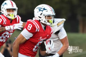 Gabe Prucha runs the ball during the Millard South football game vs Lincoln Southeast on September 25th, 2025, in Omaha, Nebraska. Photo by Drew Balus.