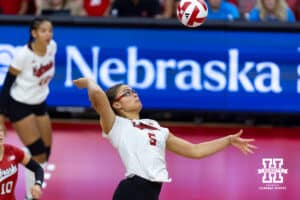 Nebraska Cornhusker Rebekah Allick (5) spikes the ball against the Michigan Wolverines in the third set during a college volleyball match on Wednesday, September 24, 2025, in Lincoln, Nebraska. Photo by John S. Peterson.