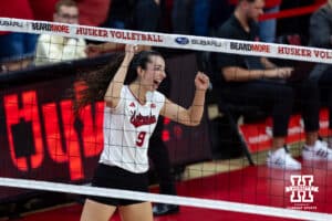 Nebraska Cornhusker Virginia Adriano (9) celebrates a kill against the Michigan Wolverines in the second set during a college volleyball match on Wednesday, September 24, 2025, in Lincoln, Nebraska. Photo by John S. Peterson.
