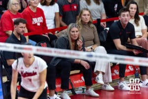 Nebraska Cornhusker head coach Dani Busboom Kelly watches the action on the court against the Michigan Wolverines during a college volleyball match on Wednesday, September 24, 2025, in Lincoln, Nebraska. Photo by John S. Peterson.