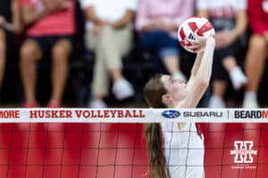 Nebraska Cornhusker Bergen Reilly (2) sets the ball against the Michigan Wolverines in the second set during a college volleyball match on Wednesday, September 24, 2025, in Lincoln, Nebraska. Photo by John S. Peterson.