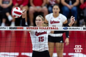 Nebraska Cornhusker Andi Jackson (15) spikes the ball against the Michigan Wolverines in the second set during a college volleyball match on Wednesday, September 24, 2025, in Lincoln, Nebraska. Photo by John S. Peterson.