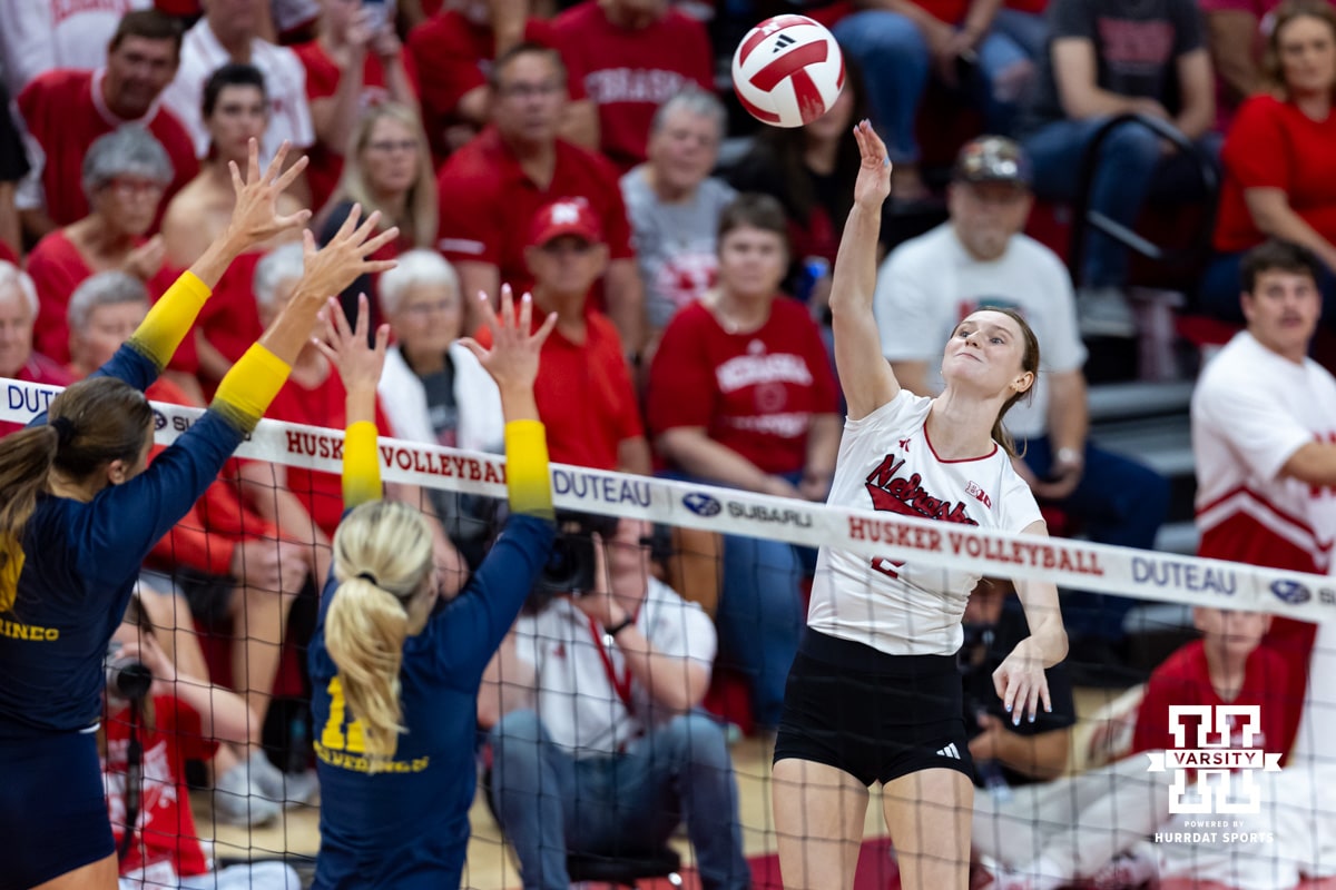 Nebraska Volleyball vs Michigan | September 24, 2025 Nebraska Cornhusker Bergen Reilly (2) spikes the ball against the Michigan Wolverines in the first set during a college volleyball match on Wednesday, September 24, 2025, in Lincoln, Nebraska. Photo by John S. Peterson.