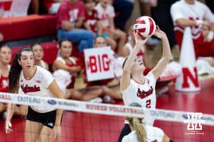 Nebraska Cornhusker Bergen Reilly (2) sets the ball against the Michigan Wolverines in the first set during a college volleyball match on Wednesday, September 24, 2025, in Lincoln, Nebraska. Photo by John S. Peterson.