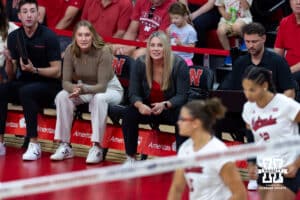 Nebraska Cornhusker head coach Dani Busboom Kelly watches the action with assistant Kelly Natter against the Michigan Wolverines in the first set during a college volleyball match on Wednesday, September 24, 2025, in Lincoln, Nebraska. Photo by John S. Peterson.