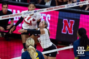 Nebraska Cornhusker Laney Choboy (6) digs the ball against the Michigan Wolverines in the first set during a college volleyball match on Wednesday, September 24, 2025, in Lincoln, Nebraska. Photo by John S. Peterson.