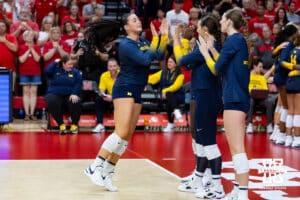 Omaha's Michigan Wolverine setter Morgan Burke (7) was introduced to the fans before taking on the Huskers during a college volleyball match on Wednesday, September 24, 2025, in Lincoln, Nebraska. Photo by John S. Peterson.