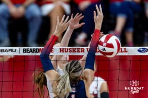 Nebraska Cornhusker Bergen Reilly (2) slips the ball passed Arizona Wildcat Sydnie Vanek (1) in the first set during a college volleyball match on Saturday, September 20, 2025, in Lincoln, Nebraska. Photo by John S. Peterson.