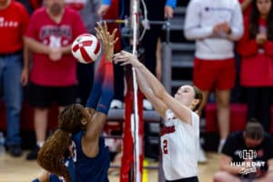 Nebraska Cornhusker Jacory Barney Jr. (2) dumps the ball over for a kill against the Arizona Wildcats in the first set during a college volleyball match on Saturday, September 20, 2025, in Lincoln, Nebraska. Photo by John S. Peterson.