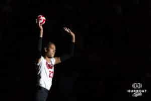 Nebraska Cornhusker Harper Murray (27) waves to the fans when introduced before taking on the Arizona Wildcats during a college volleyball match on Saturday, September 20, 2025, in Lincoln, Nebraska. Photo by John S. Peterson.