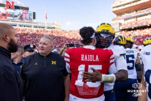 Nebraska Cornhusker Dylan Raiola (15) gives Michigan Wolverine quarterback Bryce Underwood (19) a hug after a college football game on Saturday, September 20, 2025, in Lincoln, Nebraska. Photo by John S. Peterson.