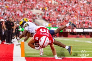 Nebraska Cornhusker Heinrich Haarberg (10) dives into the endzone for a touchdown against the Michigan Wolverines during a college football game on Saturday, September 20, 2025, in Lincoln, Nebraska. Photo by John S. Peterson.