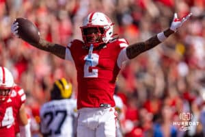 Nebraska Cornhusker Jacory Barney (2) celebrates the Hail Mary touchdown with one second left in the first half against the Michigan Wolverines during a college football game on Saturday, September 20, 2025, in Lincoln, Nebraska. Photo by John S. Peterson.