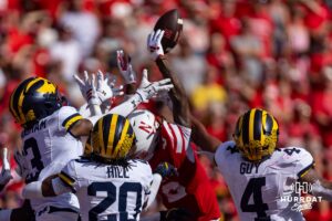 Nebraska Cornhusker Jacory Barney Jr. (2) makes a hail mary catch with one second on the clock at halftime against the Michigan Wolverines during a college football game on Saturday, September 20, 2025, in Lincoln, Nebraska. Photo by John S. Peterson.