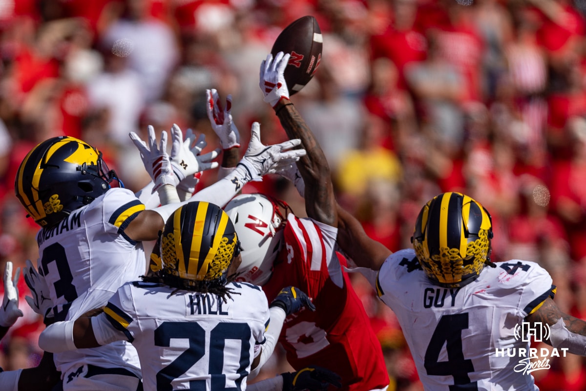 Nebraska Cornhusker Jacory Barney Jr. (2) makes a hail mary catch with one second on the clock at halftime against the Michigan Wolverines during a college football game on Saturday, September 20, 2025, in Lincoln, Nebraska. Photo by John S. Peterson.