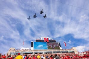 Four F-16s fly over Memorial Stadium before Nebraska takes on Michigan during a college football game on Saturday, September 20, 2025, in Lincoln, Nebraska. Photo by John S. Peterson.