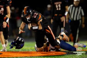 Fort Calhoun running back Kaiden Rodriguez (29) runs through a Pierce defender during a high school football game, Friday, September 19th, 2025, Fort Calhoun, Nebraska. Photo by Braden Cochran.