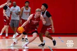 Nebraska Cornhusker Rienk Mast (51) drives into Quentin Rhymes (11) during basketball practice on Tuesday, September 23, 2025, in Lincoln, Nebraska. Photo by John S. Peterson.
