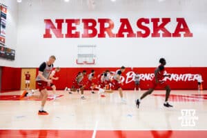 Nebraska Cornhuskers running up and down the court during basketball practice on Tuesday, September 23, 2025, in Lincoln, Nebraska. Photo by John S. Peterson.