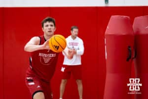 Nebraska Cornhusker Pryce Sandfort (21) passes the ball during basketball practice on Tuesday, September 23, 2025, in Lincoln, Nebraska. Photo by John S. Peterson.