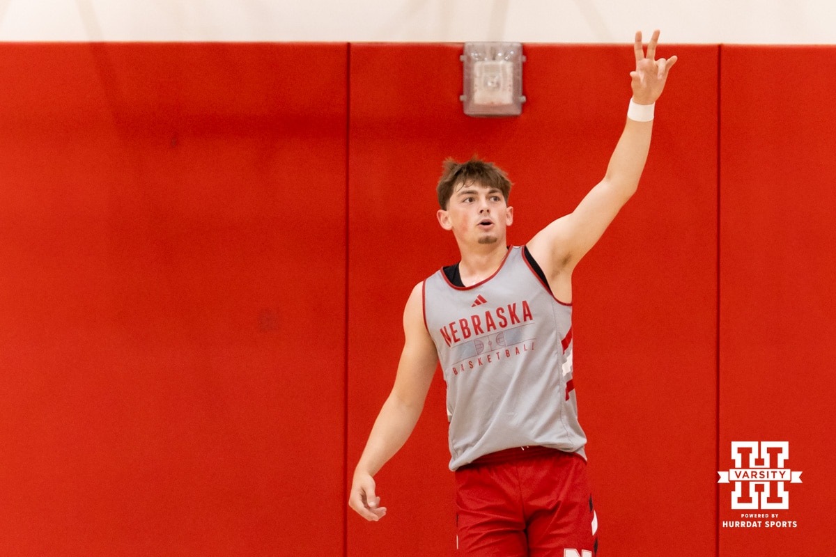 Nebraska Men’s Basketball Practice | September 23, 2025 Nebraska Cornhusker Connor Essegian (0) celebrates a three-point shot during basketball practice on Tuesday, September 23, 2025, in Lincoln, Nebraska. Photo by John S. Peterson.