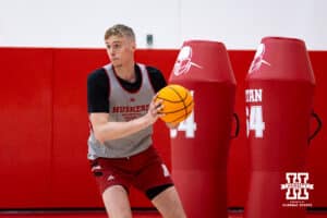 Nebraska Cornhusker Leo Curtis (33) passes the ball during basketball practice on Tuesday, September 23, 2025, in Lincoln, Nebraska. Photo by John S. Peterson.