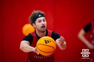 Nebraska Cornhusker Sam Hoiberg (1) passes the ball during basketball practice on Tuesday, September 23, 2025, in Lincoln, Nebraska. Photo by John S. Peterson.