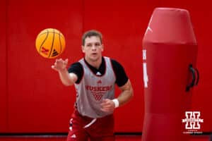 Nebraska Cornhusker Cale Jacobsen (31) passes the ball during basketball practice on Tuesday, September 23, 2025, in Lincoln, Nebraska. Photo by John S. Peterson.
