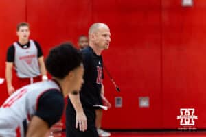 Nebraska Cornhusker assistant coach Nate Loenser directing the drill during basketball practice on Tuesday, September 23, 2025, in Lincoln, Nebraska. Photo by John S. Peterson.