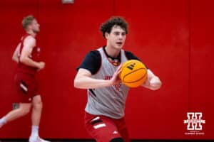 Nebraska Cornhusker Ugnius Jaruševičius (13) passes the ball during basketball practice on Tuesday, September 23, 2025, in Lincoln, Nebraska. Photo by John S. Peterson.