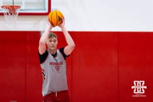 Nebraska Cornhusker Leo Curtis (33) passes the ball during basketball practice on Tuesday, September 23, 2025, in Lincoln, Nebraska. Photo by John S. Peterson.