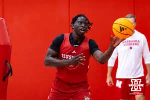 Nebraska Cornhusker Justin Bolis (7) passes the ball during basketball practice on Tuesday, September 23, 2025, in Lincoln, Nebraska. Photo by John S. Peterson.