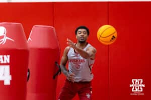 Nebraska Cornhusker Jamarques Lawrence (10) passes the ball during basketball practice on Tuesday, September 23, 2025, in Lincoln, Nebraska. Photo by John S. Peterson.