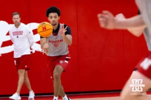 Nebraska Cornhusker Quentin Rhymes (11) passes the ball during basketball practice on Tuesday, September 23, 2025, in Lincoln, Nebraska. Photo by John S. Peterson.