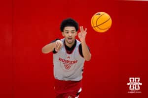 Nebraska Cornhusker Quentin Rhymes (11) makes a pass during basketball practice on Tuesday, September 23, 2025, in Lincoln, Nebraska. Photo by John S. Peterson.