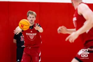 Nebraska Cornhusker Will Cooper (6) passes the ball to Rienk Mast (51) during basketball practice on Tuesday, September 23, 2025, in Lincoln, Nebraska. Photo by John S. Peterson.