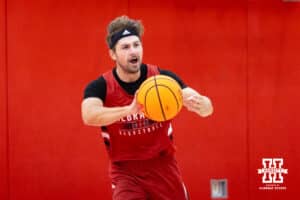 Nebraska Cornhusker Sam Hoiberg (1) makes a pass during basketball practice on Tuesday, September 23, 2025, in Lincoln, Nebraska. Photo by John S. Peterson.