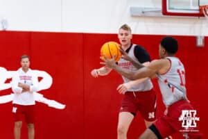 Nebraska Cornhusker Leo Curtis (33) passes the ball to Jamarques Lawrence (10) during basketball practice on Tuesday, September 23, 2025, in Lincoln, Nebraska. Photo by John S. Peterson.
