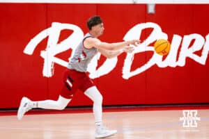 Nebraska Cornhusker Connor Essegian (0) makes a pass during basketball practice on Tuesday, September 23, 2025, in Lincoln, Nebraska. Photo by John S. Peterson.