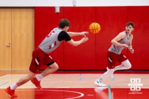 Nebraska Cornhusker Braden Frager (5) makes a pass to Connor Essegian (0) during basketball practice on Tuesday, September 23, 2025, in Lincoln, Nebraska. Photo by John S. Peterson.