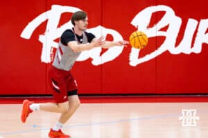 Nebraska Cornhusker Braden Frager (5) makes a pass during basketball practice on Tuesday, September 23, 2025, in Lincoln, Nebraska. Photo by John S. Peterson.