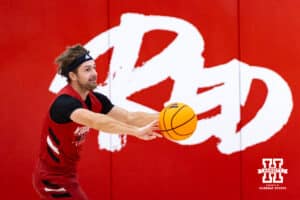 Nebraska Cornhusker Sam Hoiberg (1) makes a pass during basketball practice on Tuesday, September 23, 2025, in Lincoln, Nebraska. Photo by John S. Peterson.