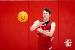 Nebraska Cornhusker Pryce Sandfort (21) makes a pass during basketball practice on Tuesday, September 23, 2025, in Lincoln, Nebraska. Photo by John S. Peterson.