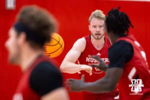 Nebraska Cornhusker Rienk Mast (51) makes a pass to Justin Bolis (7) during basketball practice on Tuesday, September 23, 2025, in Lincoln, Nebraska. Photo by John S. Peterson.