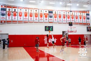 Banners displaying all the players on the wail during basketball practice on Tuesday, September 23, 2025, in Lincoln, Nebraska. Photo by John S. Peterson.