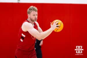 Nebraska Cornhusker Rienk Mast (51) passing the ball around during basketball practice on Tuesday, September 23, 2025, in Lincoln, Nebraska. Photo by John S. Peterson.