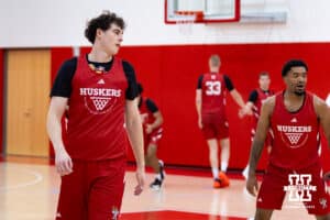 Nebraska Cornhusker Ugnius Jaruševičius (13) shooting around during basketball practice on Tuesday, September 23, 2025, in Lincoln, Nebraska. Photo by John S. Peterson.