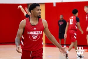 Nebraska Cornhusker Jamarques Lawrence (10) shooting around during basketball practice on Tuesday, September 23, 2025, in Lincoln, Nebraska. Photo by John S. Peterson.