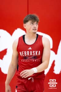 Nebraska Cornhusker Connor Essegian (0) shooting around during basketball practice on Tuesday, September 23, 2025, in Lincoln, Nebraska. Photo by John S. Peterson.